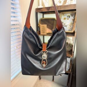 Dooney and Bourke Lucca Logo Lock Hobo in black and tan